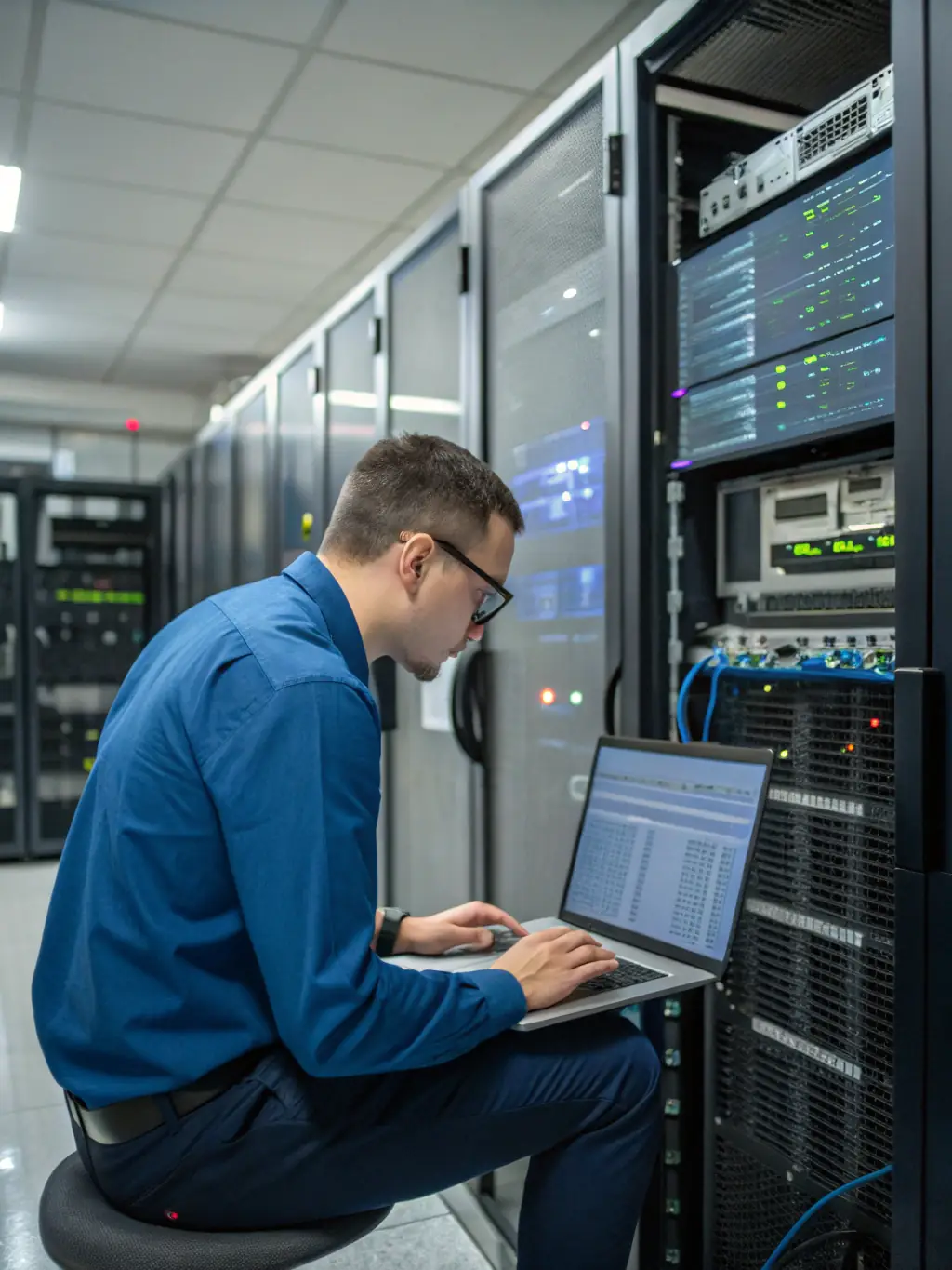 A network administrator configuring a server rack in a modern, well-lit server room, emphasizing the complexity and importance of network infrastructure.