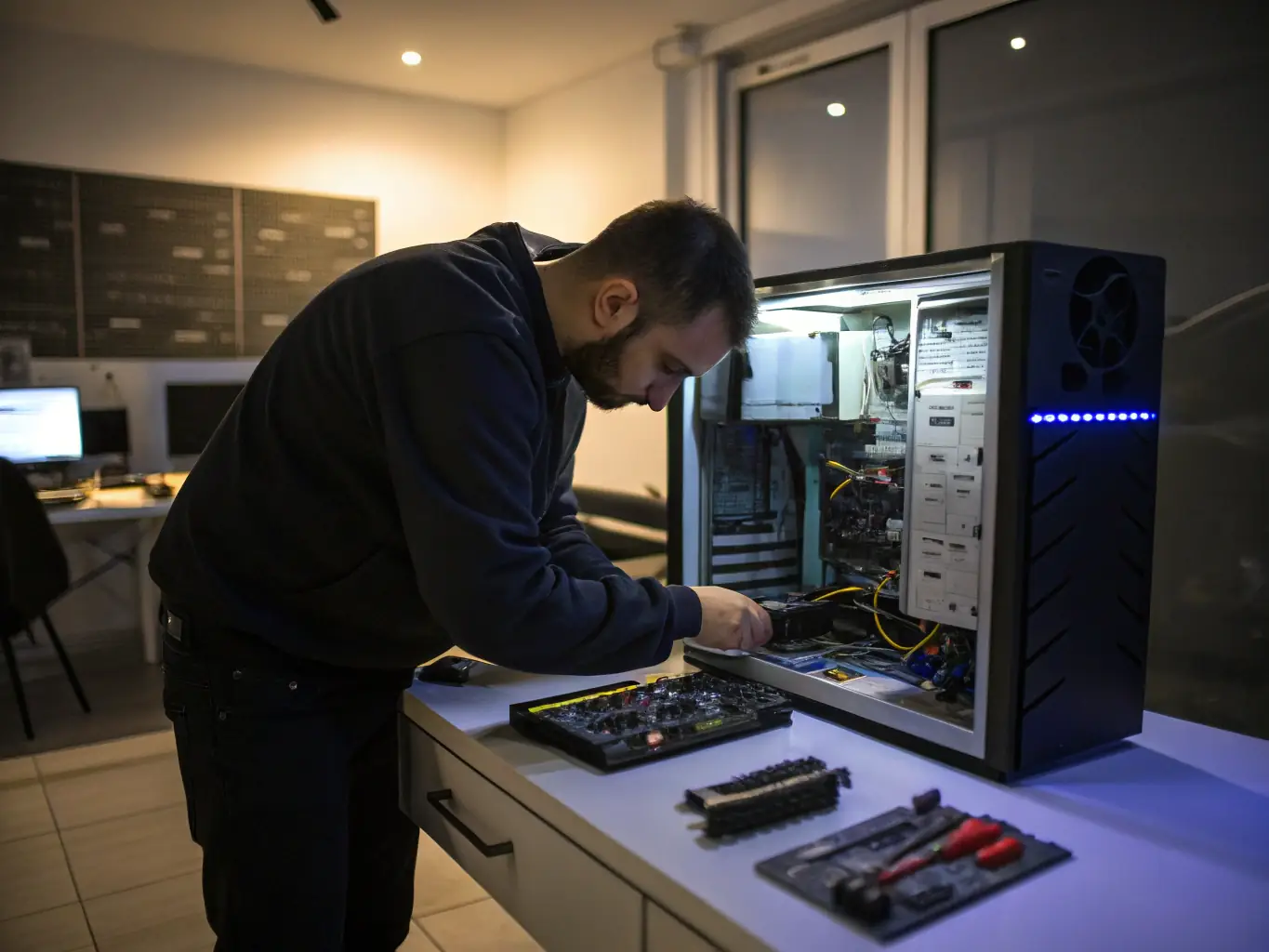 A technician performing maintenance on computer hardware, emphasizing the importance of regular check-ups and support for business technology.