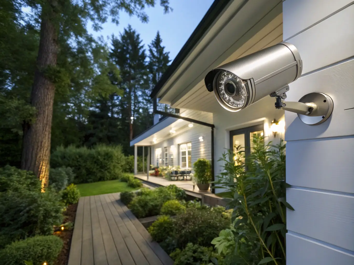 A modern home security camera discreetly mounted on a wall, providing a sense of safety and surveillance.
