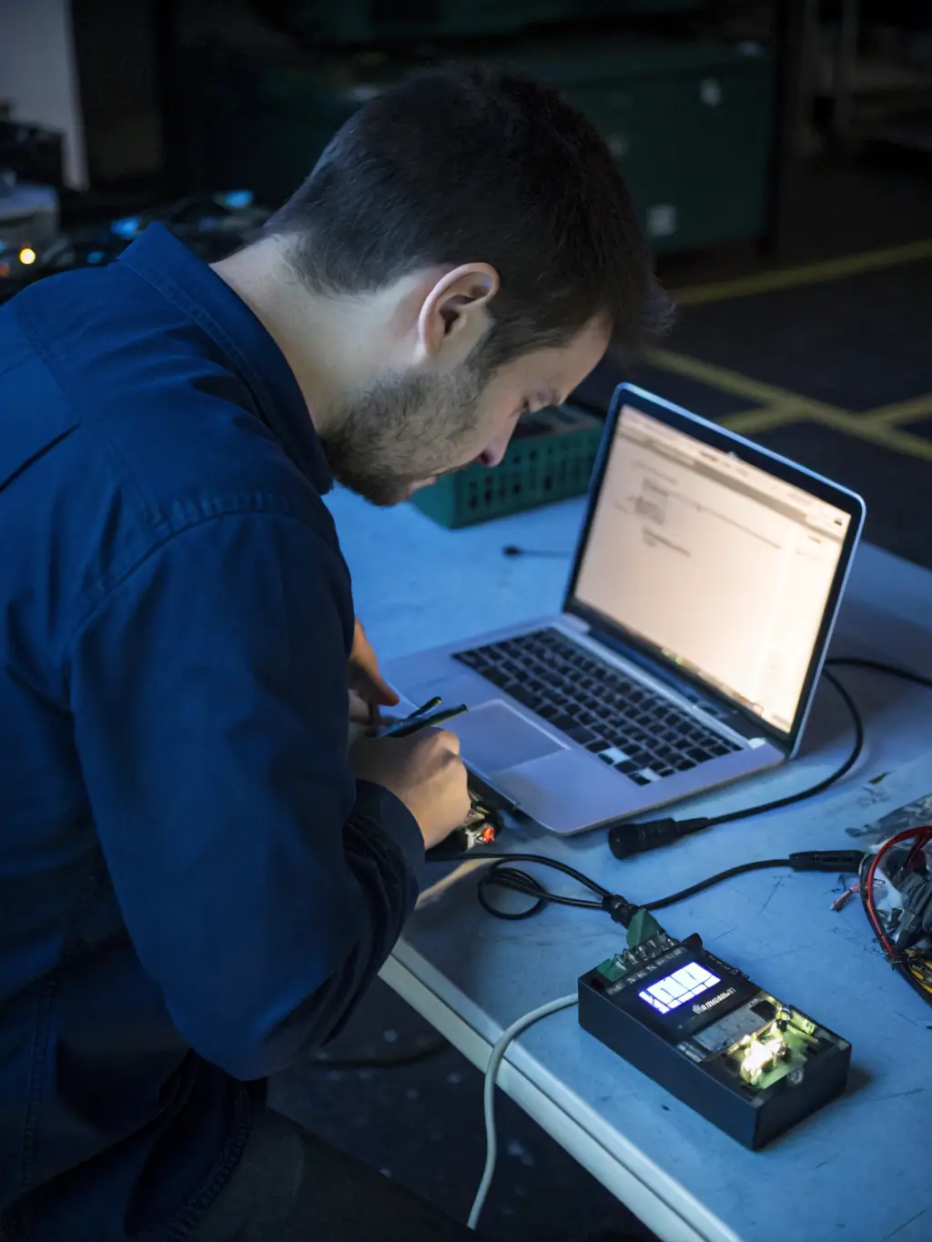 A GPS tracker being installed inside a company vehicle, showing the device connected to the vehicle's electrical system.