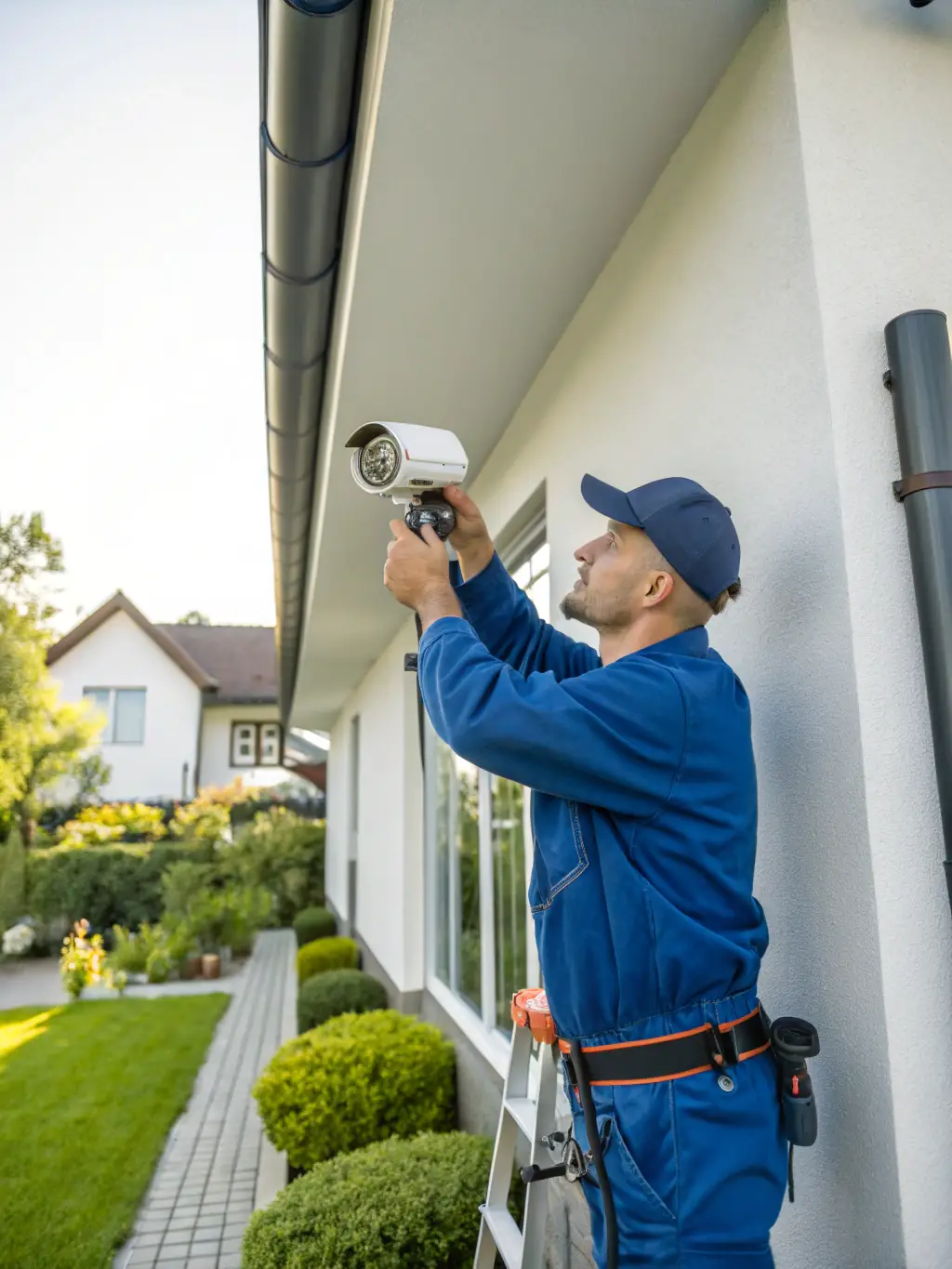 A security camera being professionally installed on the exterior of a home, demonstrating Momentum TechFix's expertise in security solutions.