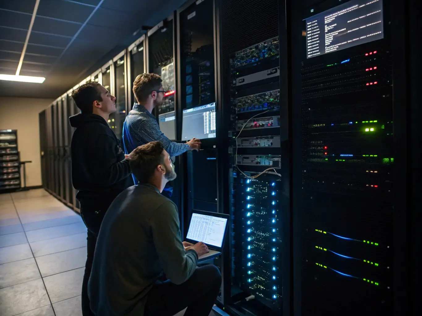 A professional IT technician remotely monitoring a network server room, ensuring optimal performance and security for a business.