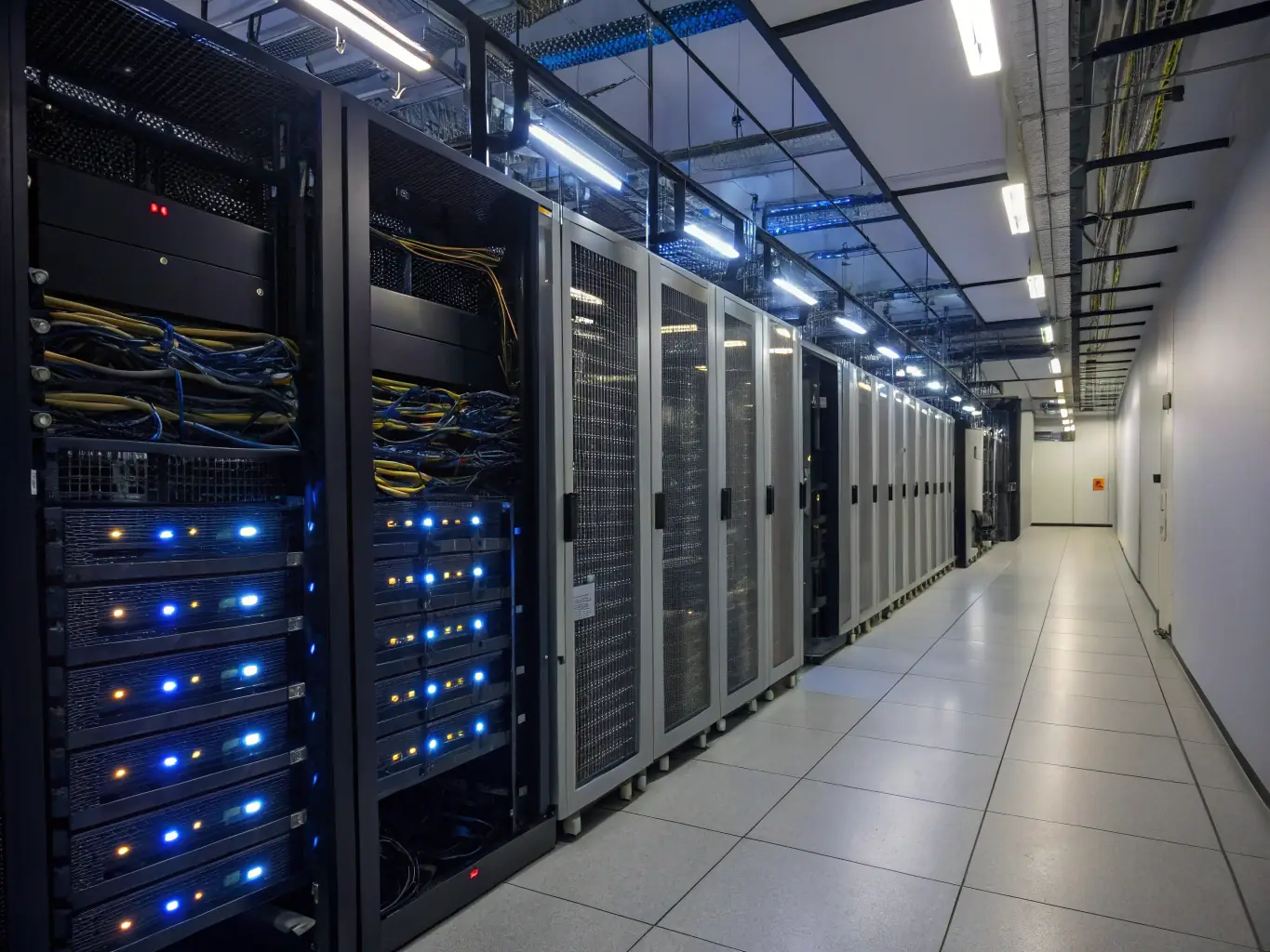 A well-organized server room with blinking lights and neatly arranged cables, symbolizing robust and reliable IT infrastructure for businesses.