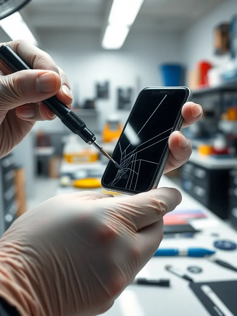A close-up shot of a technician's hands carefully repairing an iPhone screen with specialized tools, showcasing precision and attention to detail.