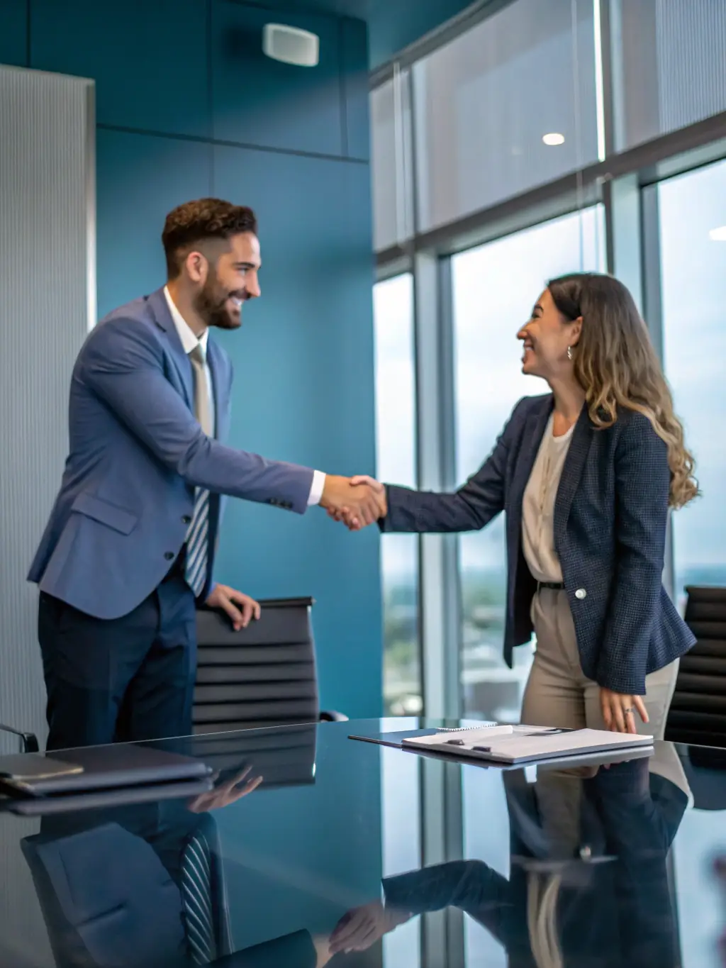 A local business owner shaking hands with a Momentum TechFix IT consultant in their office, symbolizing the partnership and support provided to local businesses.