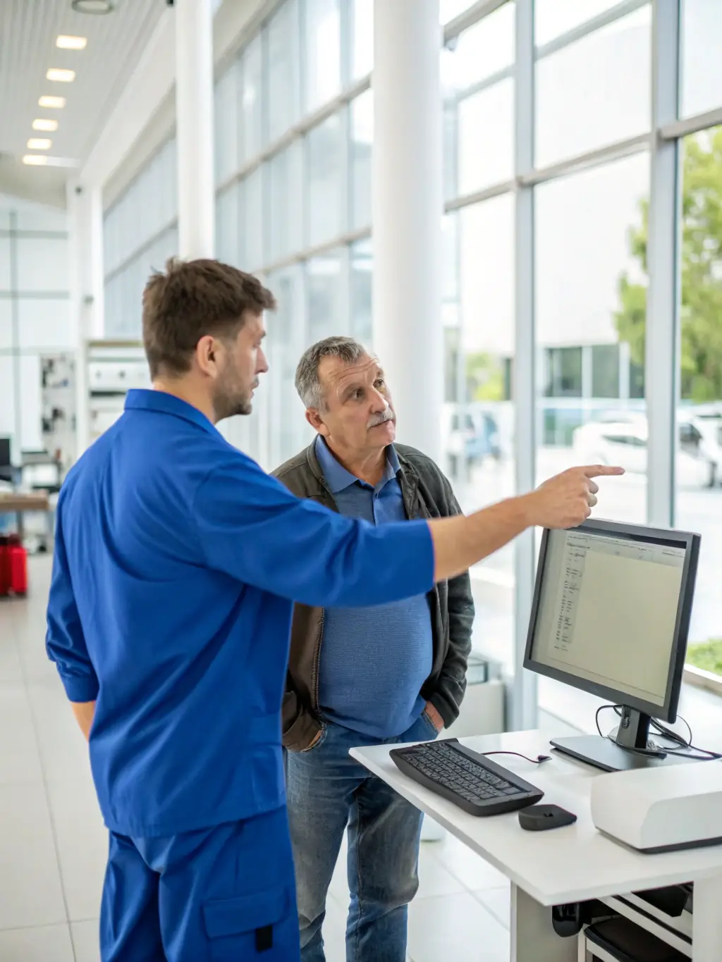 A friendly technician assisting a customer with their smartphone in a well-lit, modern repair shop setting, showcasing Momentum TechFix's customer-focused approach.