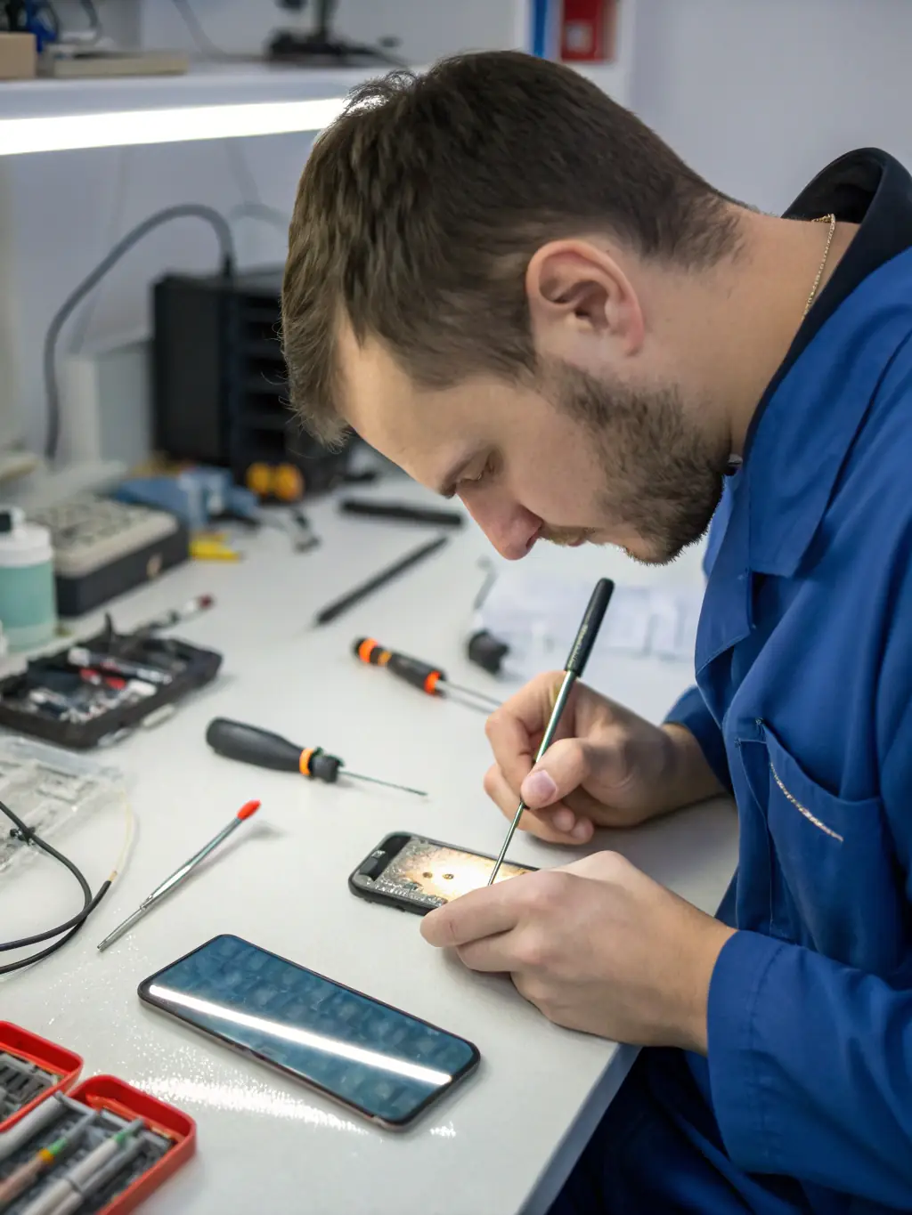 A close-up shot of a technician expertly repairing a cracked smartphone screen, using specialized tools in a well-lit, professional repair environment. The focus is on precision and care.