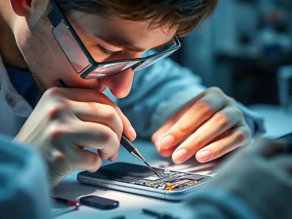 A close-up shot of a technician carefully repairing a smartphone screen in a clean, well-lit workshop, showcasing precision tools and a focused expression.