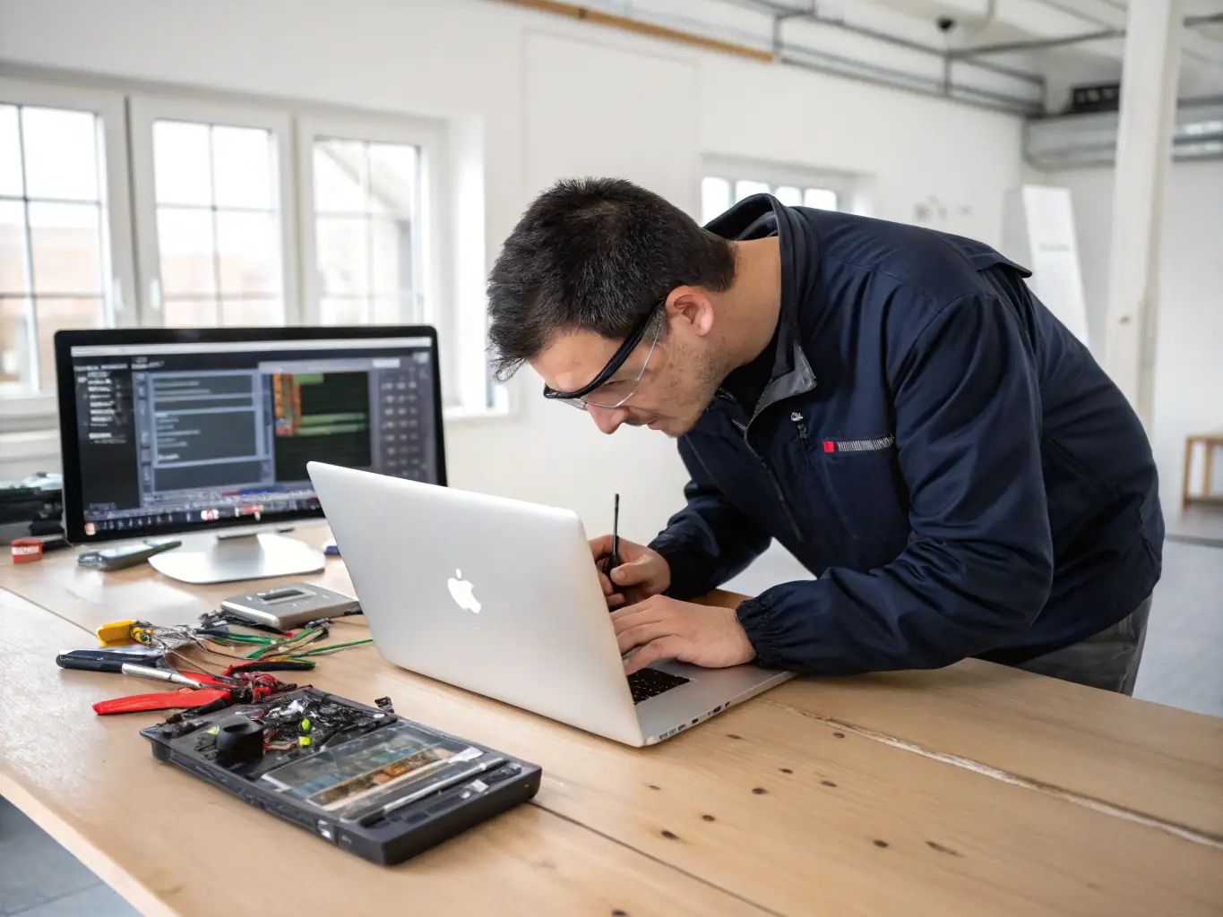 A technician working on the motherboard of a laptop, using specialized equipment to diagnose and repair the device.