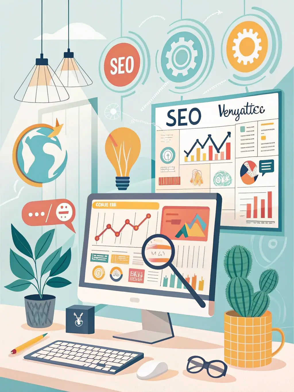 A graphic illustrating search engine optimization (SEO) techniques, such as keyword research and link building.