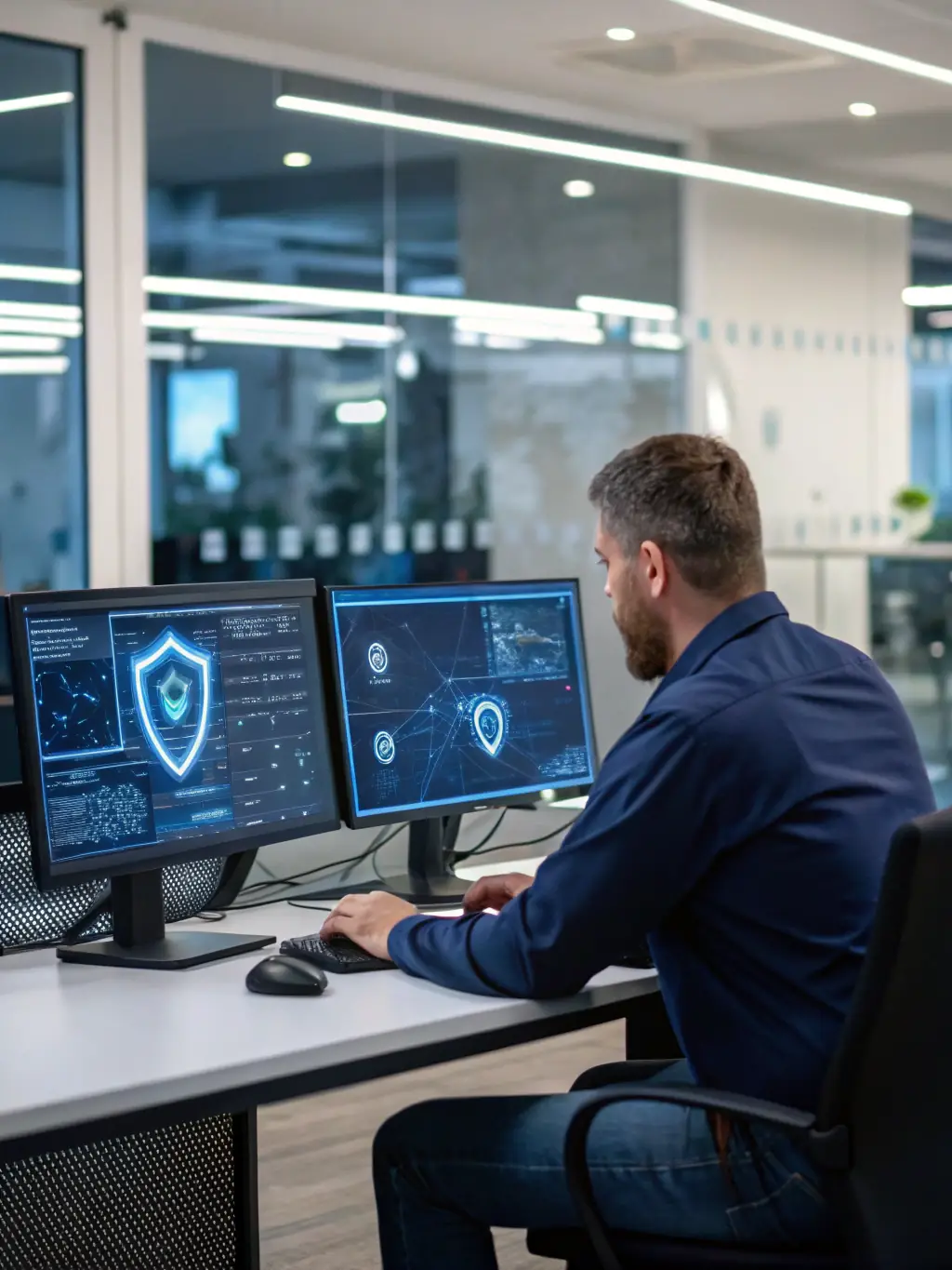 A technician remotely monitoring a security system on a computer screen, showing various camera feeds and system health metrics.