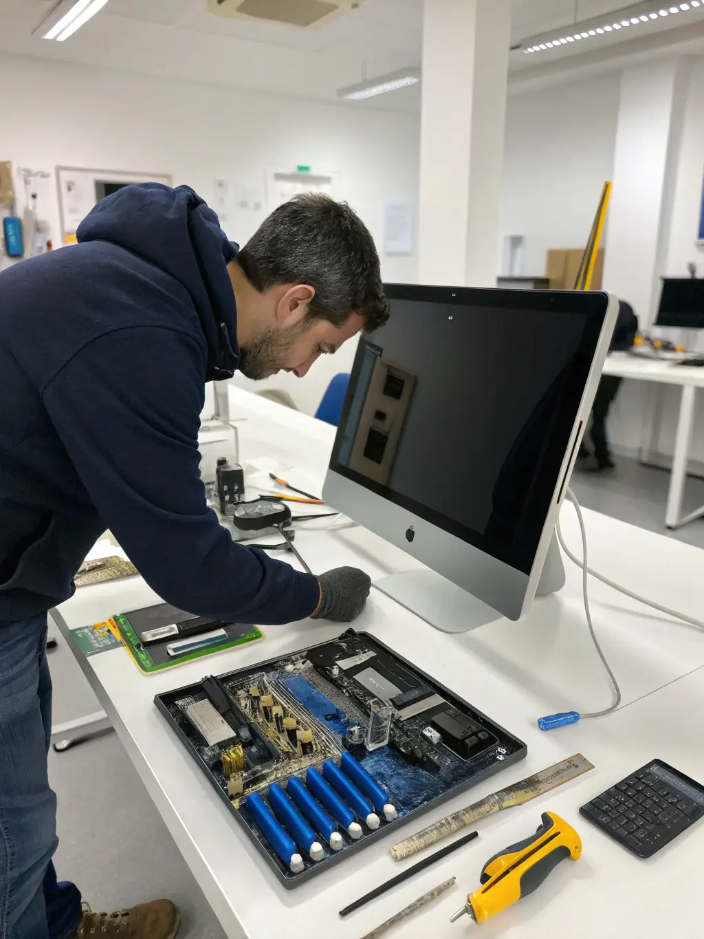 A technician installing software on an iMac, with various Apple devices in the background, highlighting the software installation service.