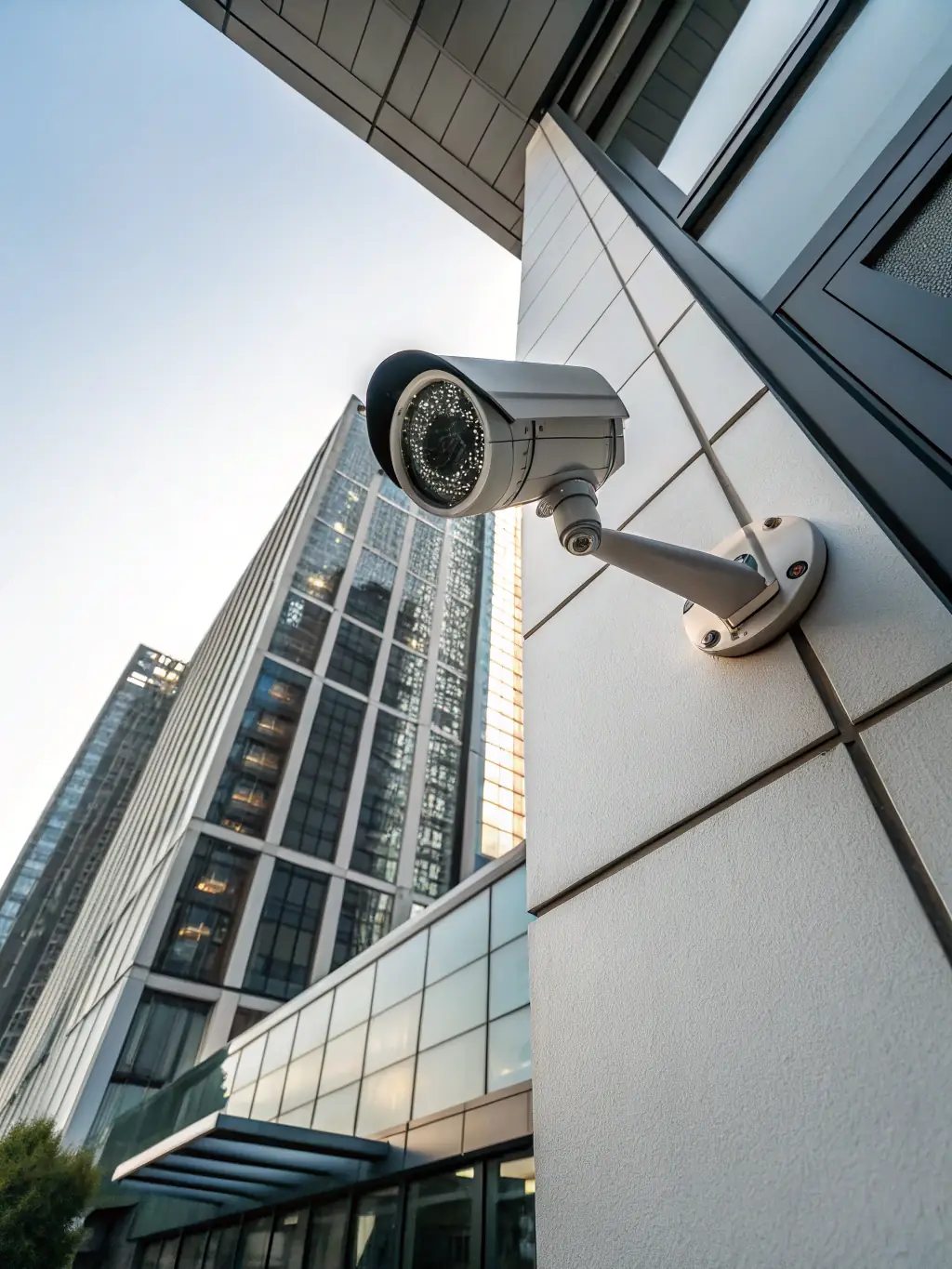 A security camera mounted on the exterior of a building, capturing a wide view of the surroundings. The image emphasizes the importance of security and surveillance.
