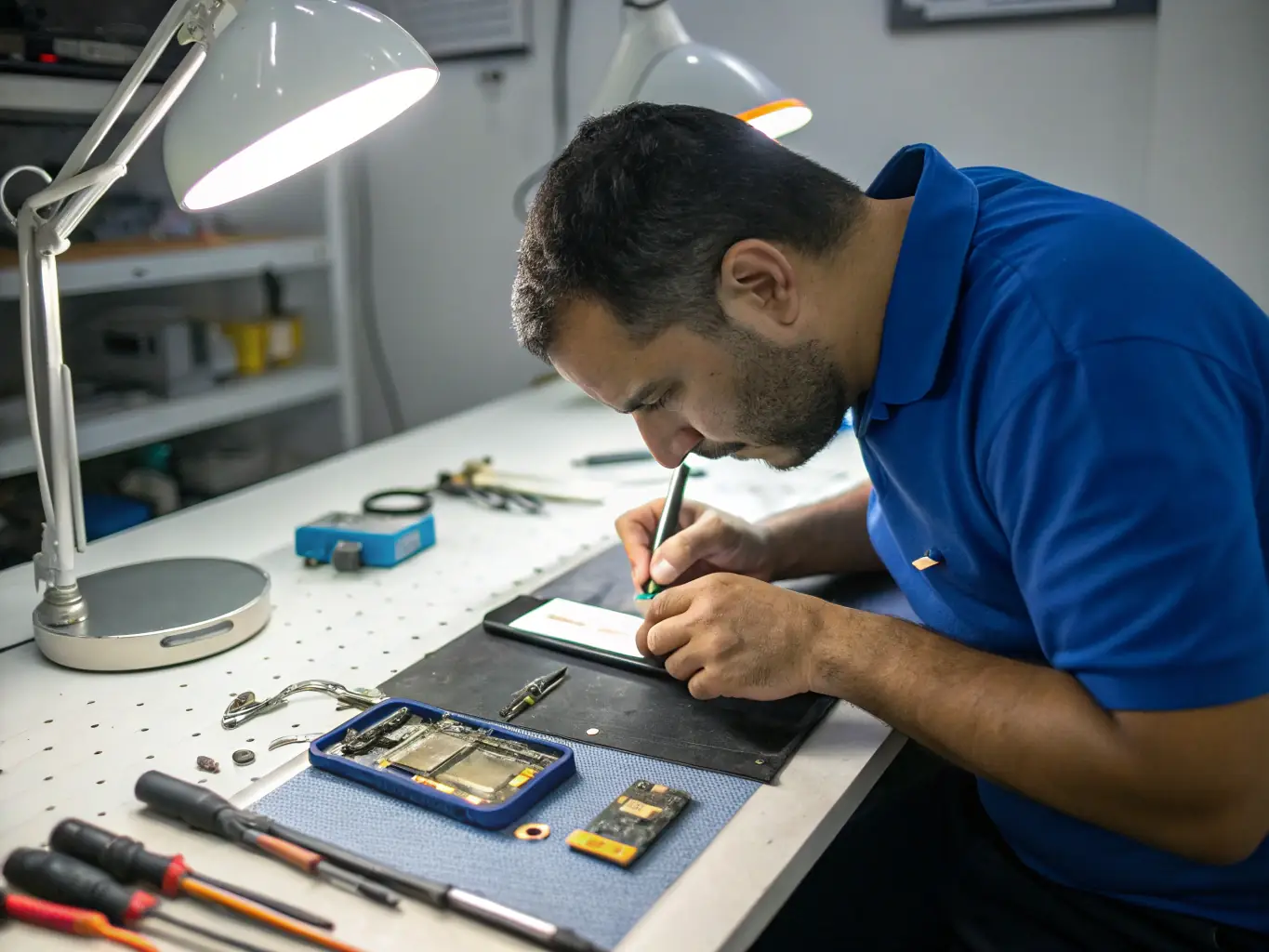 A close-up shot of a technician expertly repairing a smartphone screen in a clean, modern workshop environment, showcasing precision and care.