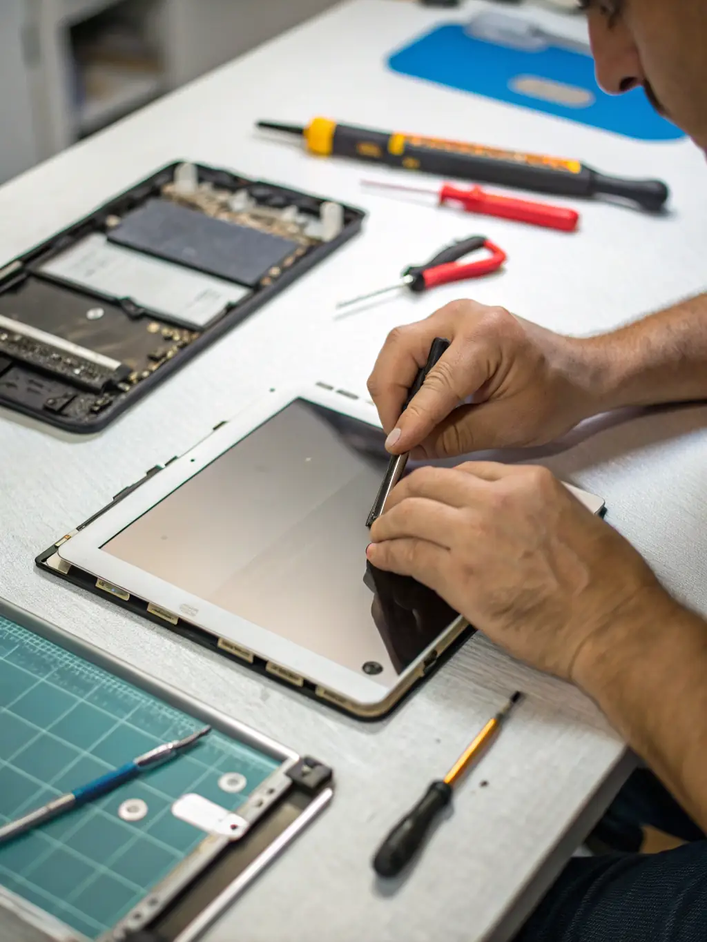 A technician smiling and handing back a perfectly repaired iPad to a satisfied customer, emphasizing the human connection and care.