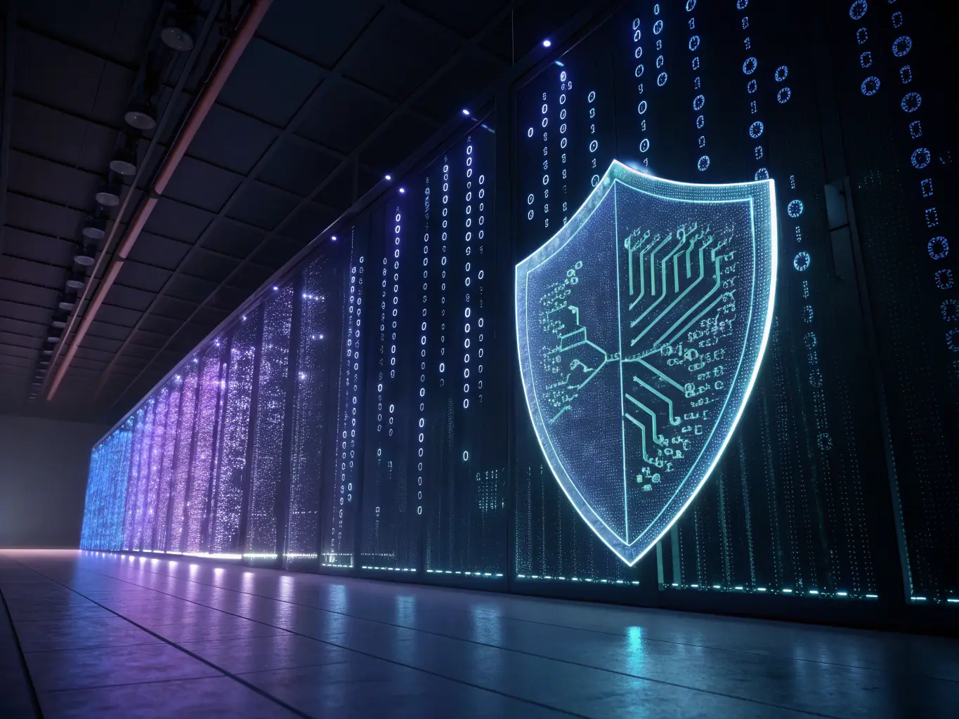 A digital illustration of a shield with a lock icon inside, surrounded by data streams, representing enhanced security measures and protection against cyber threats.