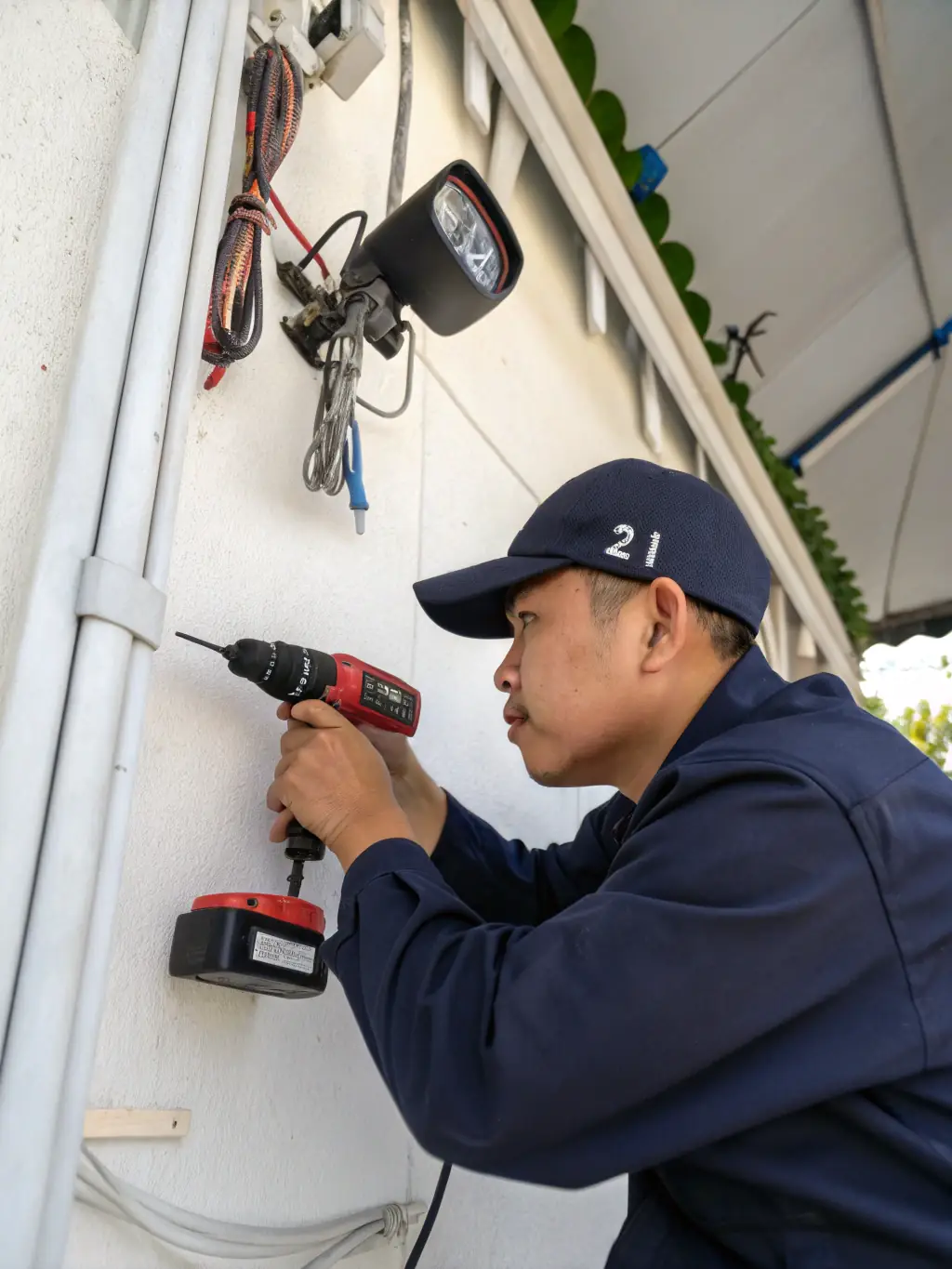 A security camera being installed on the exterior wall of a gas station, focusing on the installer's hands and the camera's mounting bracket.