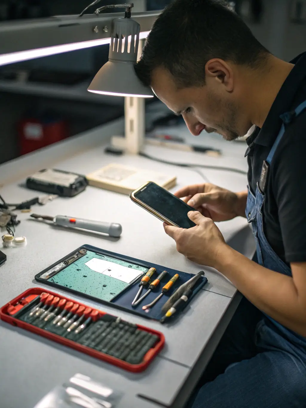 A technician replacing a screen on an iPhone, with specialized tools and premium parts visible, emphasizing the repair service.
