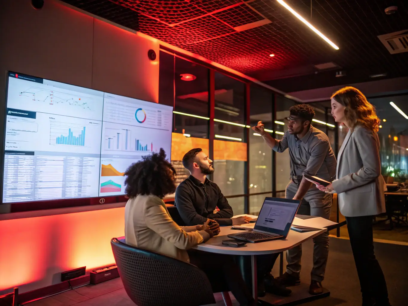 A brightly lit modern office space with employees collaborating around a large screen displaying network monitoring data, symbolizing improved efficiency and collaboration through IT solutions.