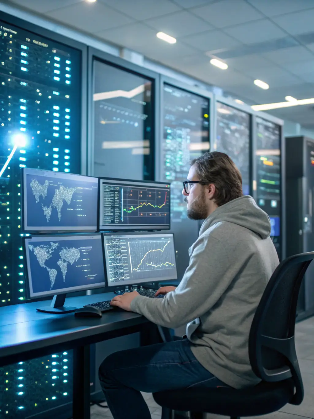 A technician remotely monitoring a network on multiple screens, showcasing the proactive network management services offered by Momentum TechFix.
