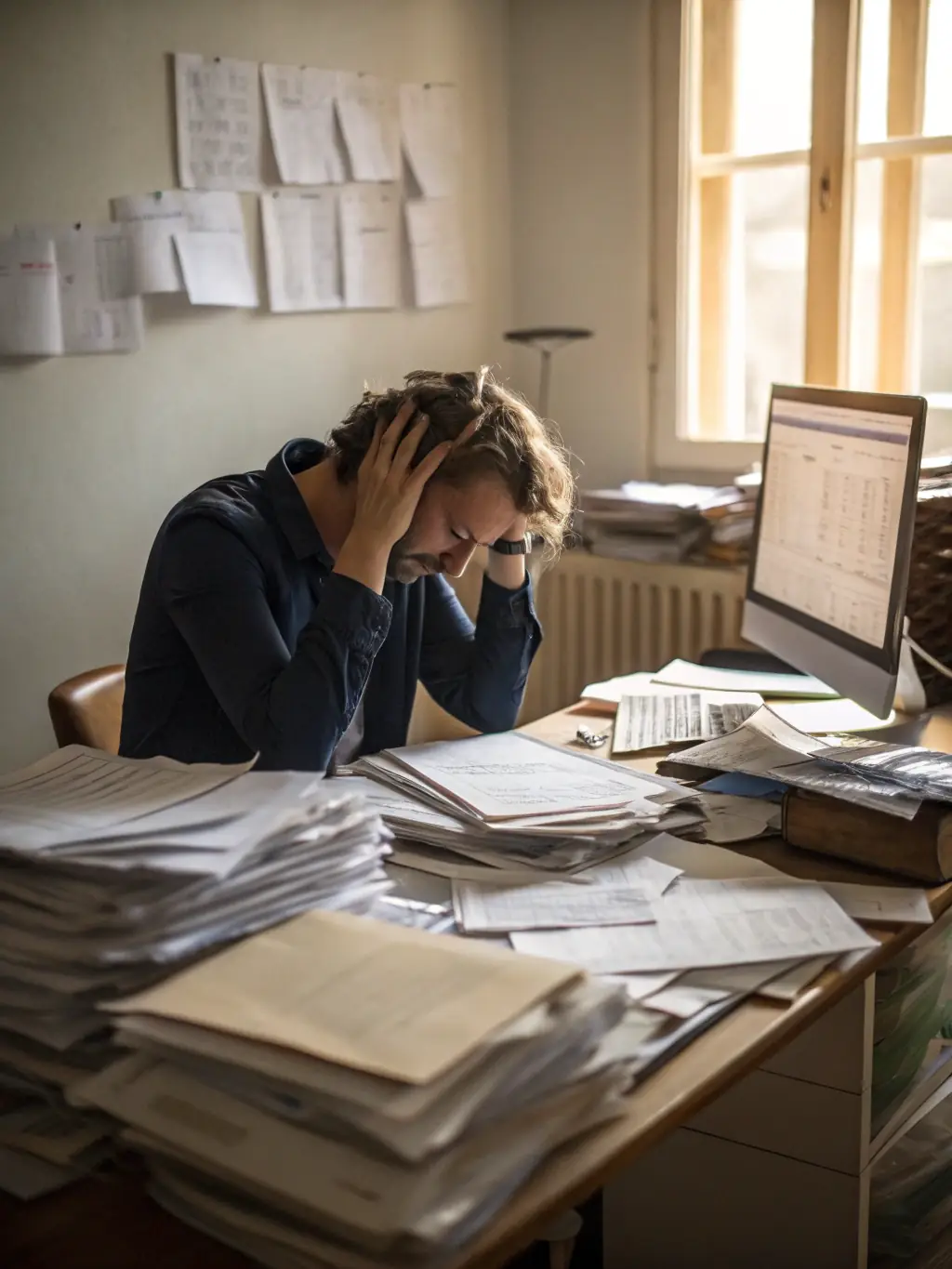 A frustrated employee struggling with a slow computer in a modern office setting, symbolizing the impact of outdated technology on productivity.