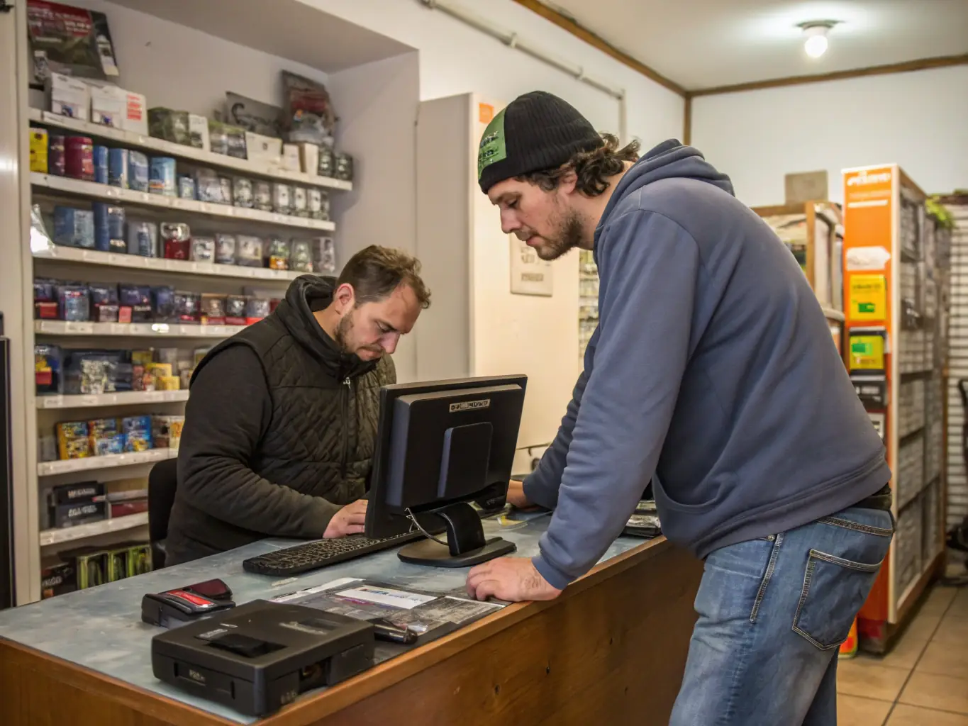 A friendly IT technician assisting a residential client with their computer setup in a cozy home environment, showcasing personalized consumer IT support.
