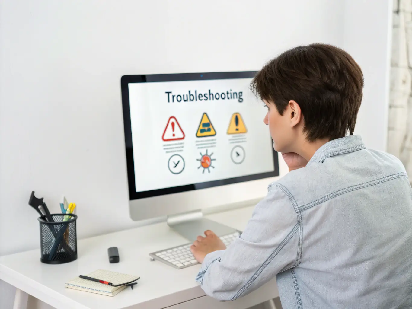 A person looking frustrated at their computer with a broken screen, with a technician in the background ready to help.