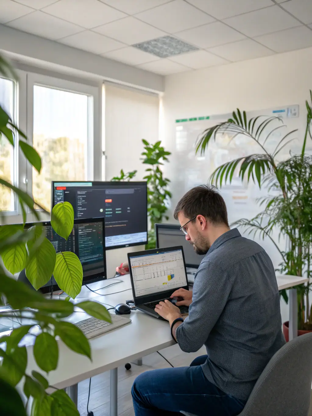 A professional IT technician assisting a business client with network configuration in a modern office setting, emphasizing reliability and expertise.