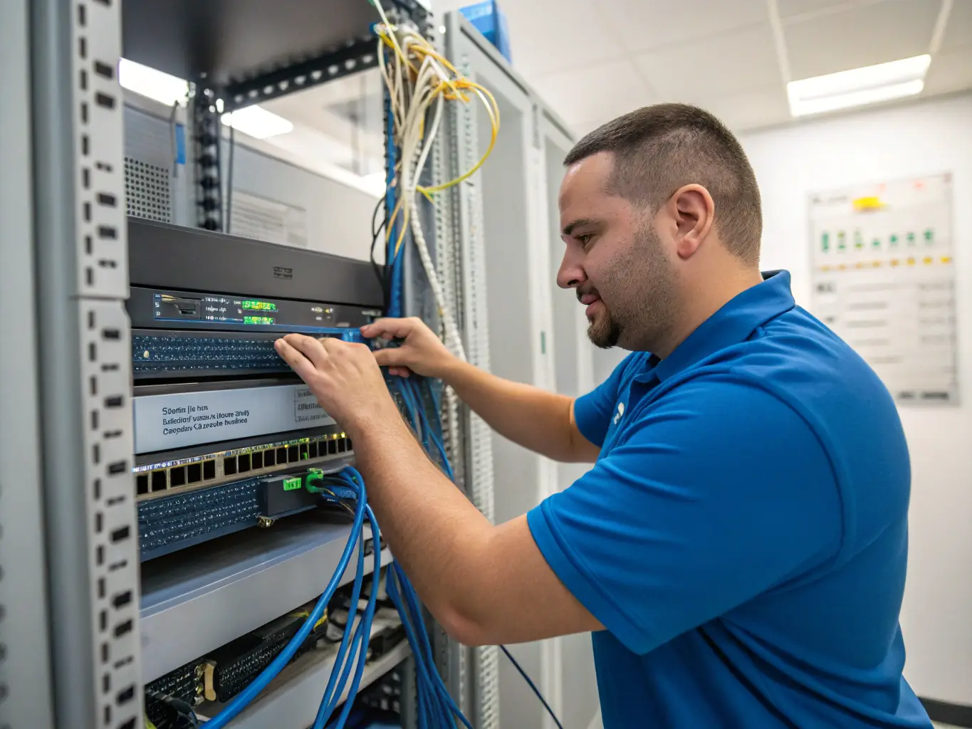 A professional IT technician setting up a secure network for a small business in Chatham, NJ, showcasing Momentum TechFix's expertise in network solutions.