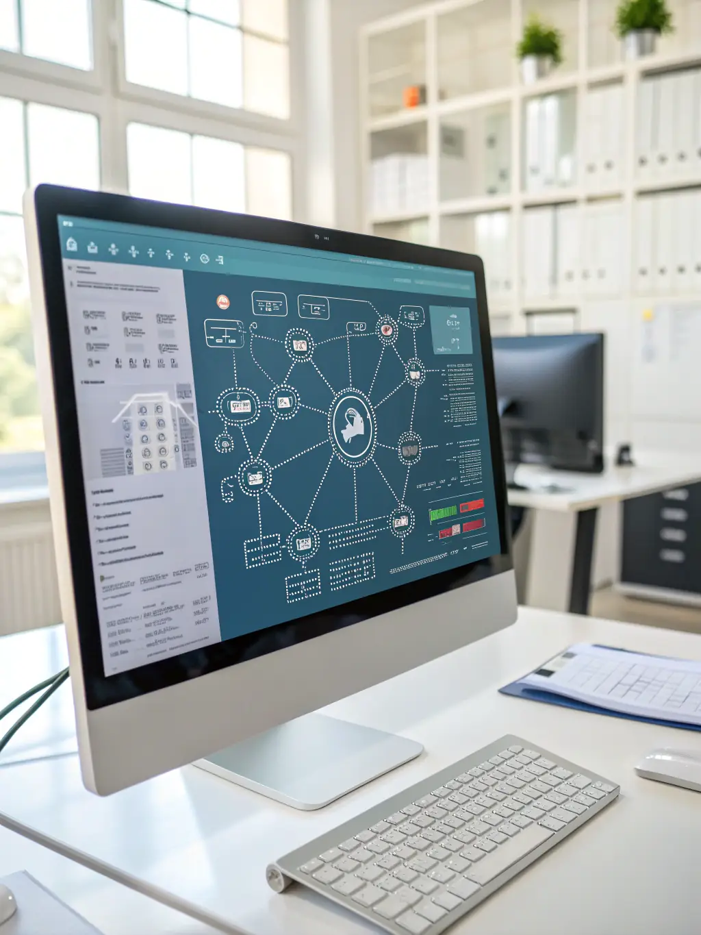 A network diagram overlaid on a modern office space, highlighting the importance of network security and management in protecting sensitive business data.