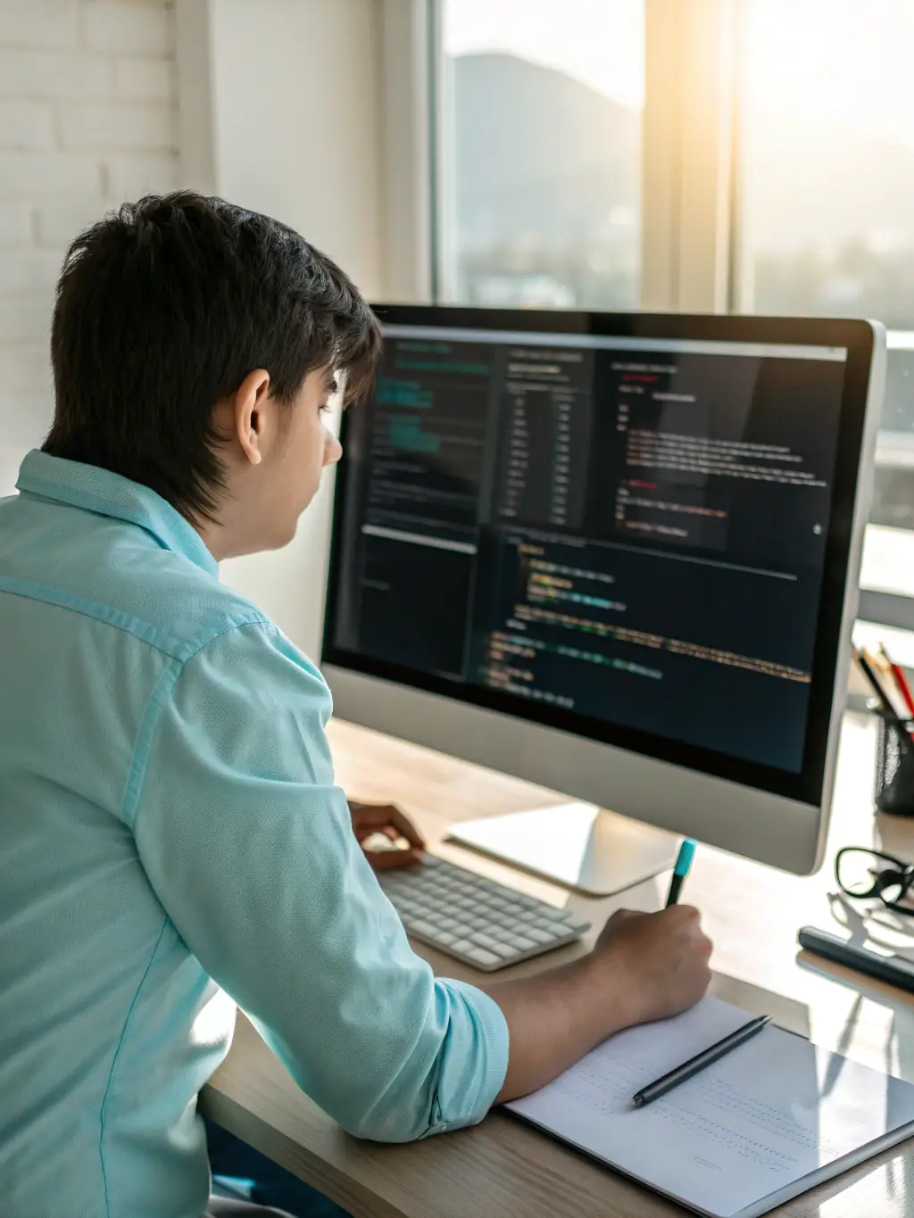 A technician installing a software update on a workstation in a modern office environment, showcasing the precision and care taken during the update process.