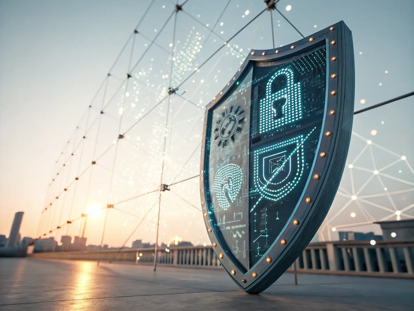 A digital illustration of a shield with a lock inside, representing cybersecurity, with the Chatham, NJ skyline in the background.