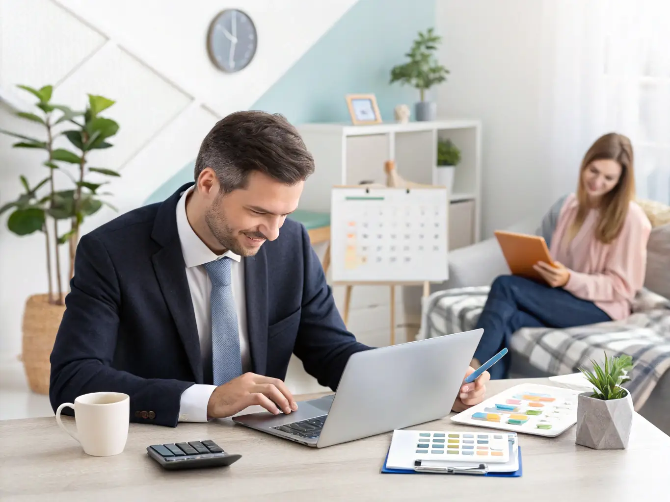 A split screen showing a person working on a laptop in a cafe and another person in a business suit working on a desktop in an office, representing the dual focus on consumer and business IT solutions.