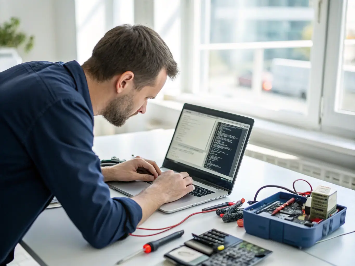 A close-up shot of a technician installing software on a new laptop, showcasing the meticulous attention to detail during the software installation process.
