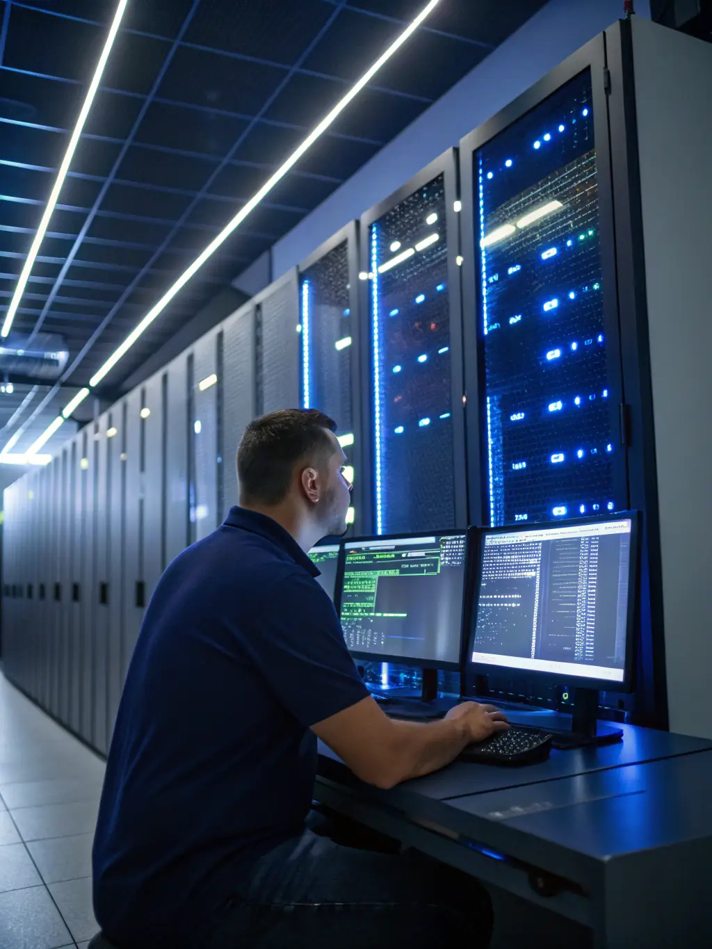 A server room with blinking lights and a technician monitoring the cloud infrastructure on a laptop, emphasizing the reliability and security of server and cloud management.