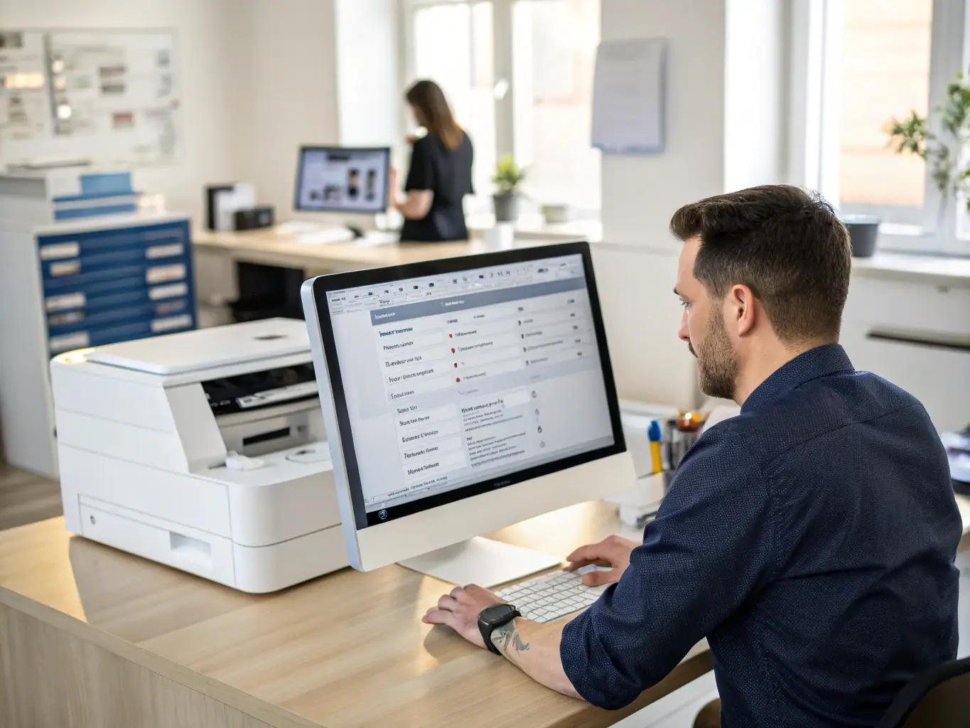 A technician setting up and connecting various hardware components, such as printers, scanners, and external drives, to a new computer system.