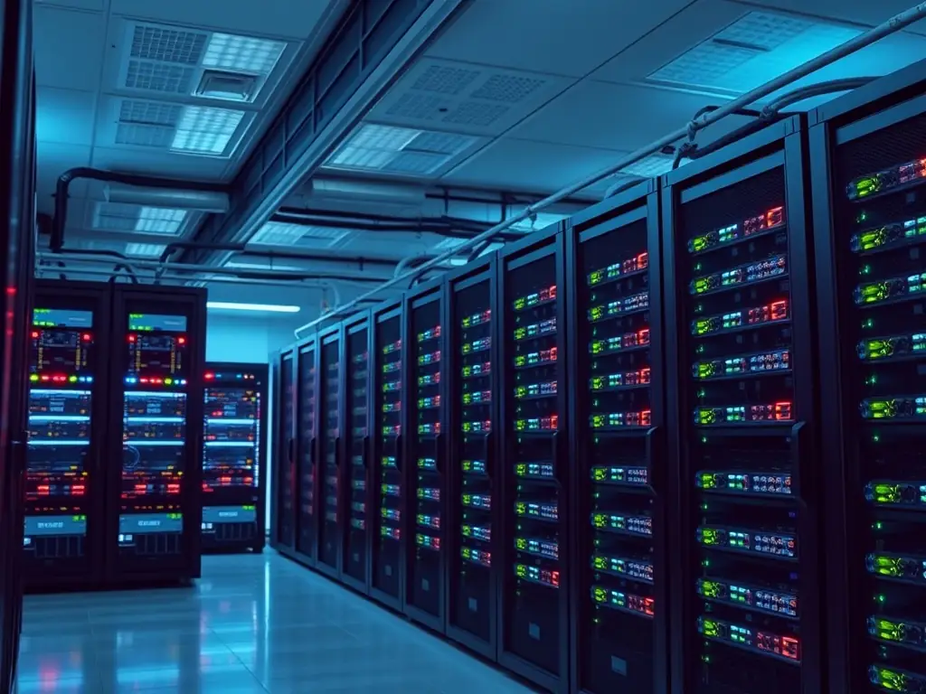 A server room with multiple hard drives, symbolizing data backup and recovery, with the Momentum TechFix logo subtly displayed.